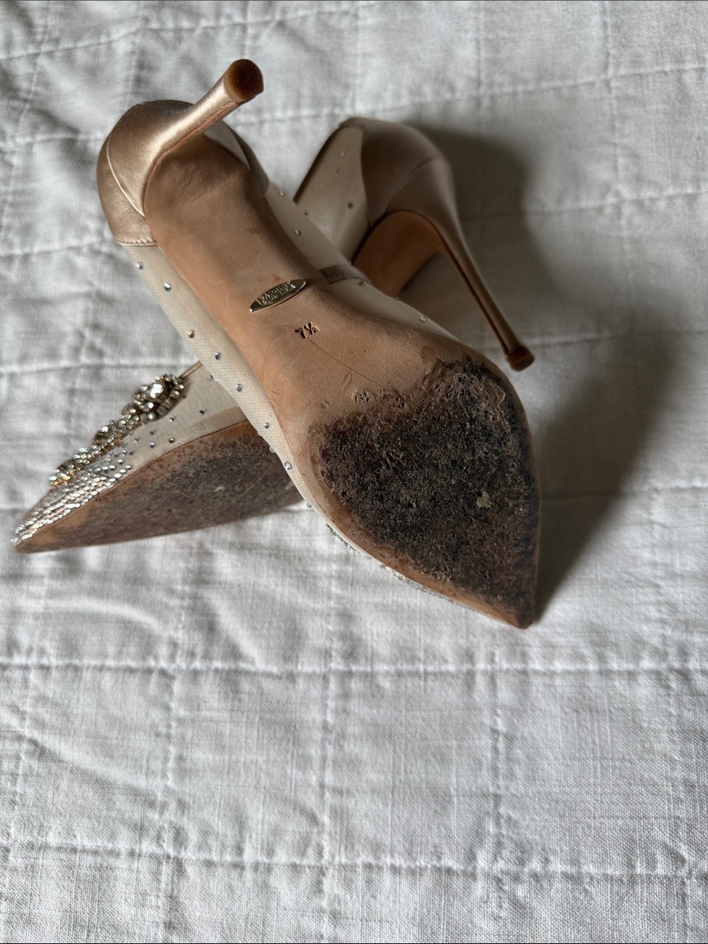 Badgley Mischka Ivory Satin Crystal-Embellished Pointed Toe Heels - Picture 5 of 6